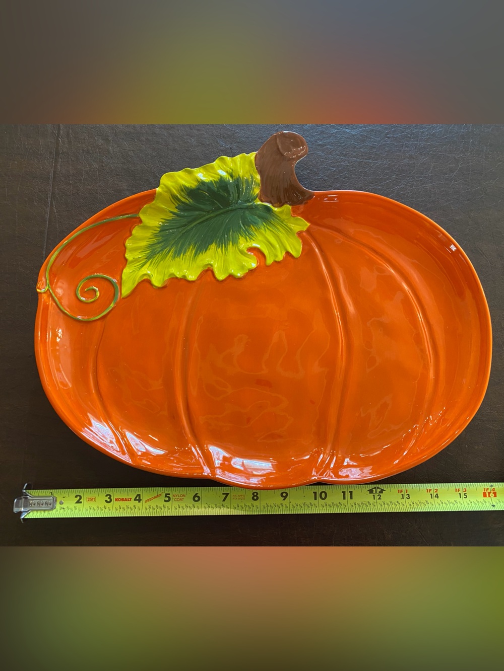 Temp-Tations Orange Pumpkin Serving Platter with Green Leaf and Brown Stem